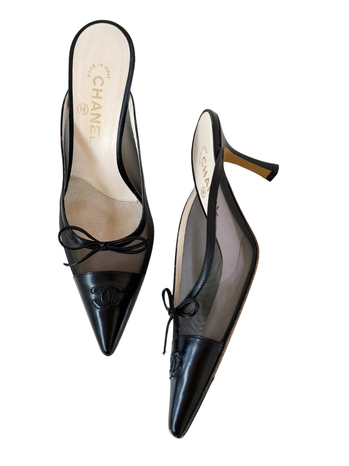 ​CHANEL VINTAGE CC LOGO BLACK MESH AND LEATHER BOW MULES HEELS / IT 38