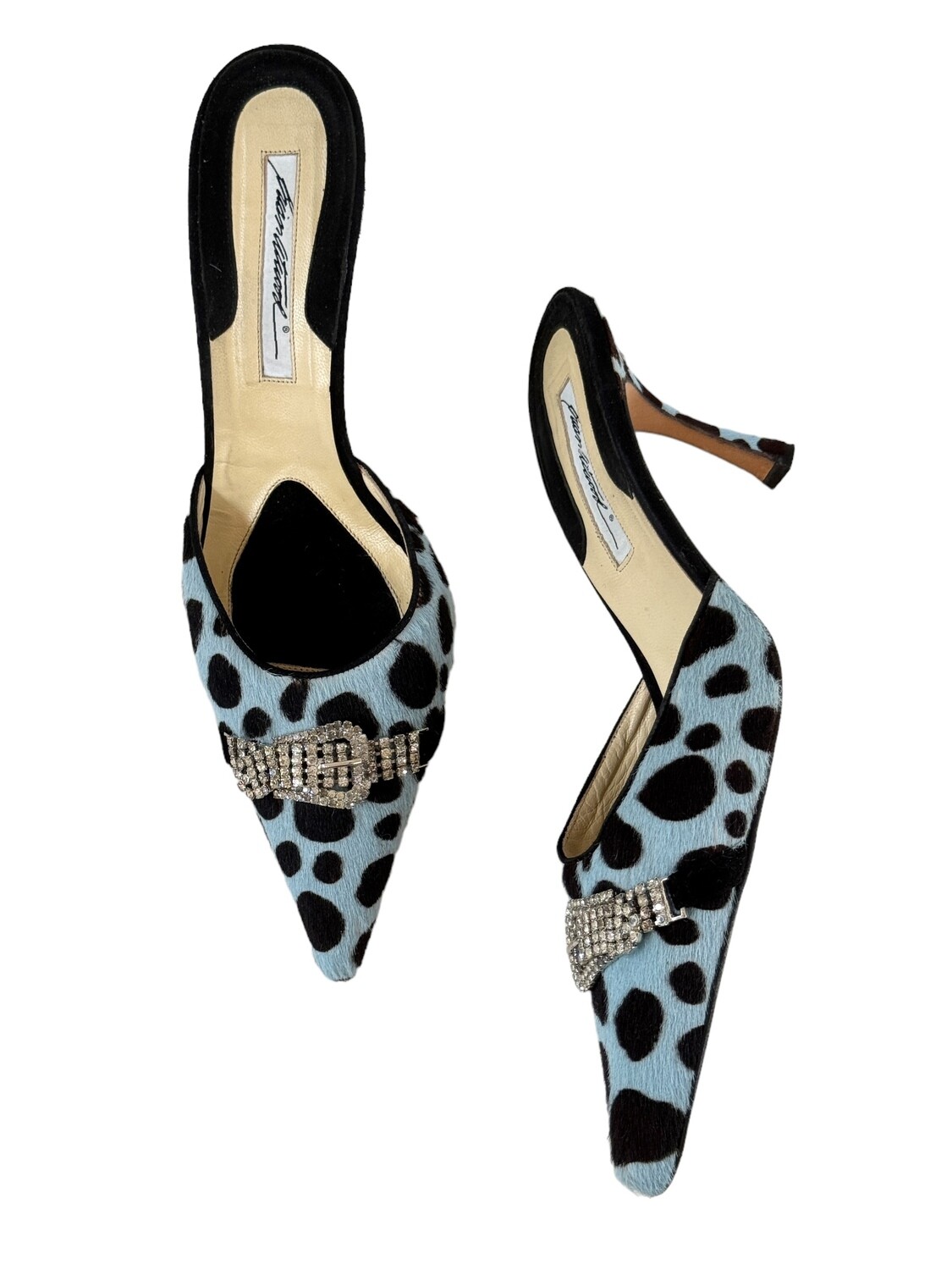 BRIAN ATWOOD BLUE LEOPARD PONY HAIR LEATHER MULES HEELS / IT 39