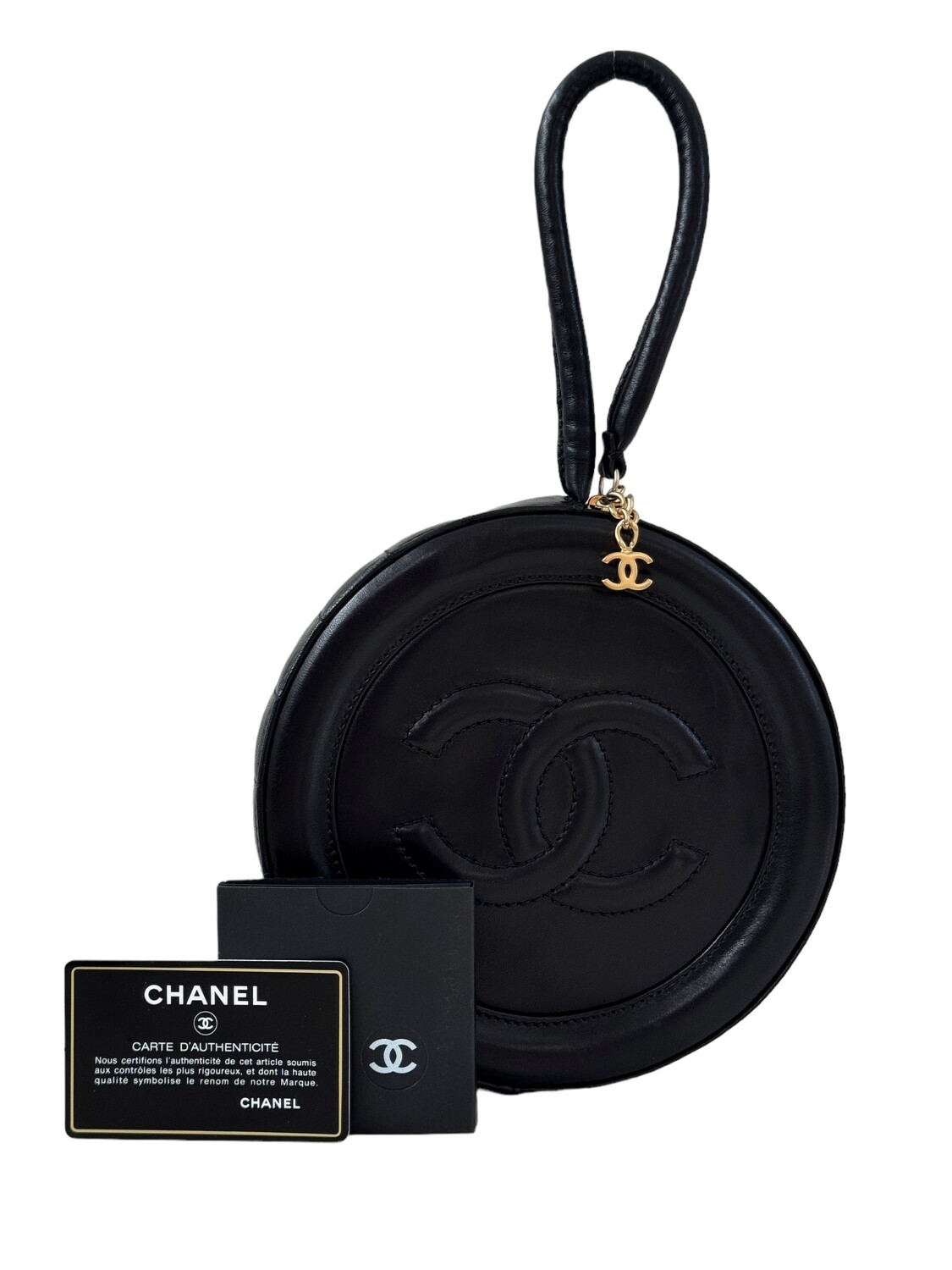 RARE CHANEL VINTAGE CC LOGO CIRCLE ROUND BLACK LEATHER WRISTLET CLUTCH BAG