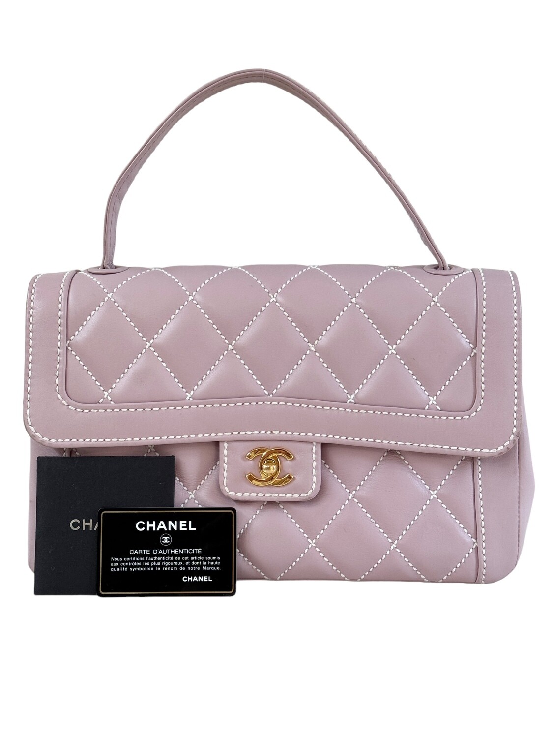 CHANEL VINTAGE LILAC PURPLE QUILTED STITCH LEATHER TOP HANDLE SATCHEL BAG