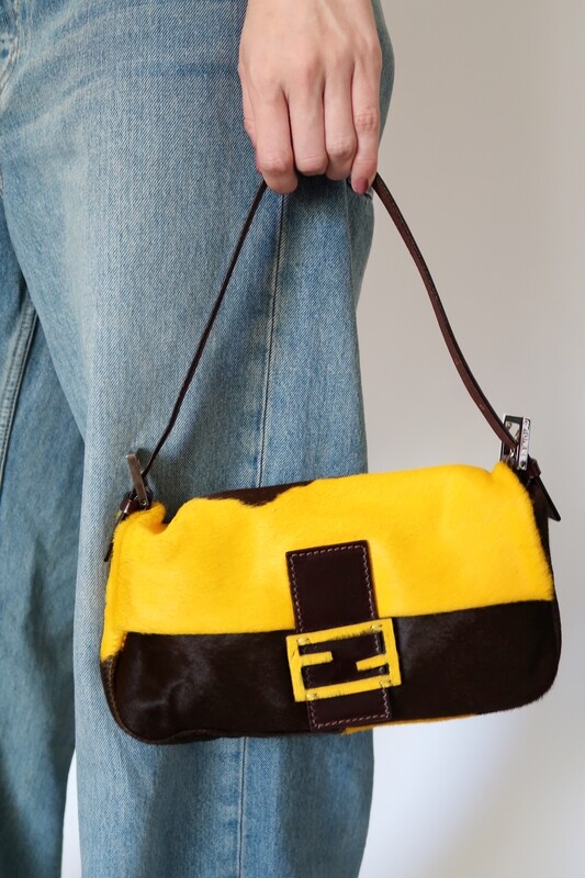 FENDI VINTAGE YELLOW COW PRINT PONY HAIR BAGUETTE BAG