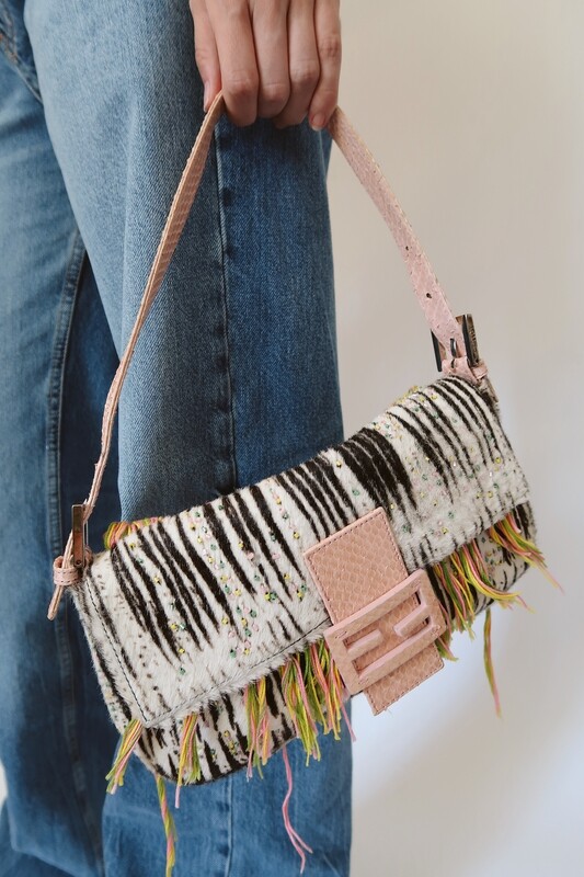 FENDI VINTAGE ZEBRA PRINT PONY HAIR BEADED FRINGE BAGUETTE BAG