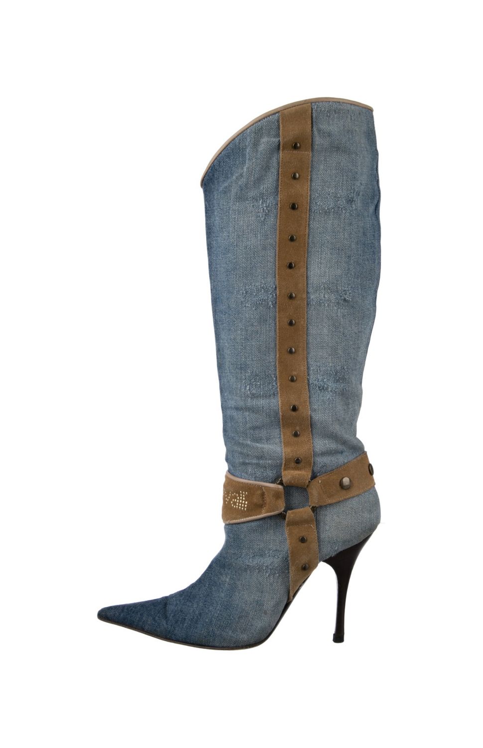 ROBERTO CAVALLI VINTAGE WESTERN TALL DENIM COWBOY BOOTS IT 38.5