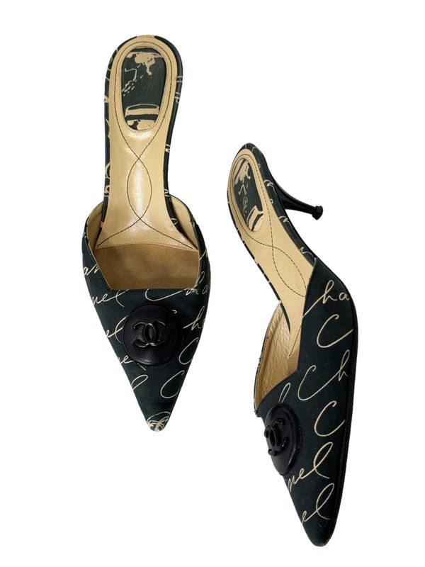 CHANEL VINTAGE CAMBON FABRIC CC PRINT MULES HEELS / IT 39