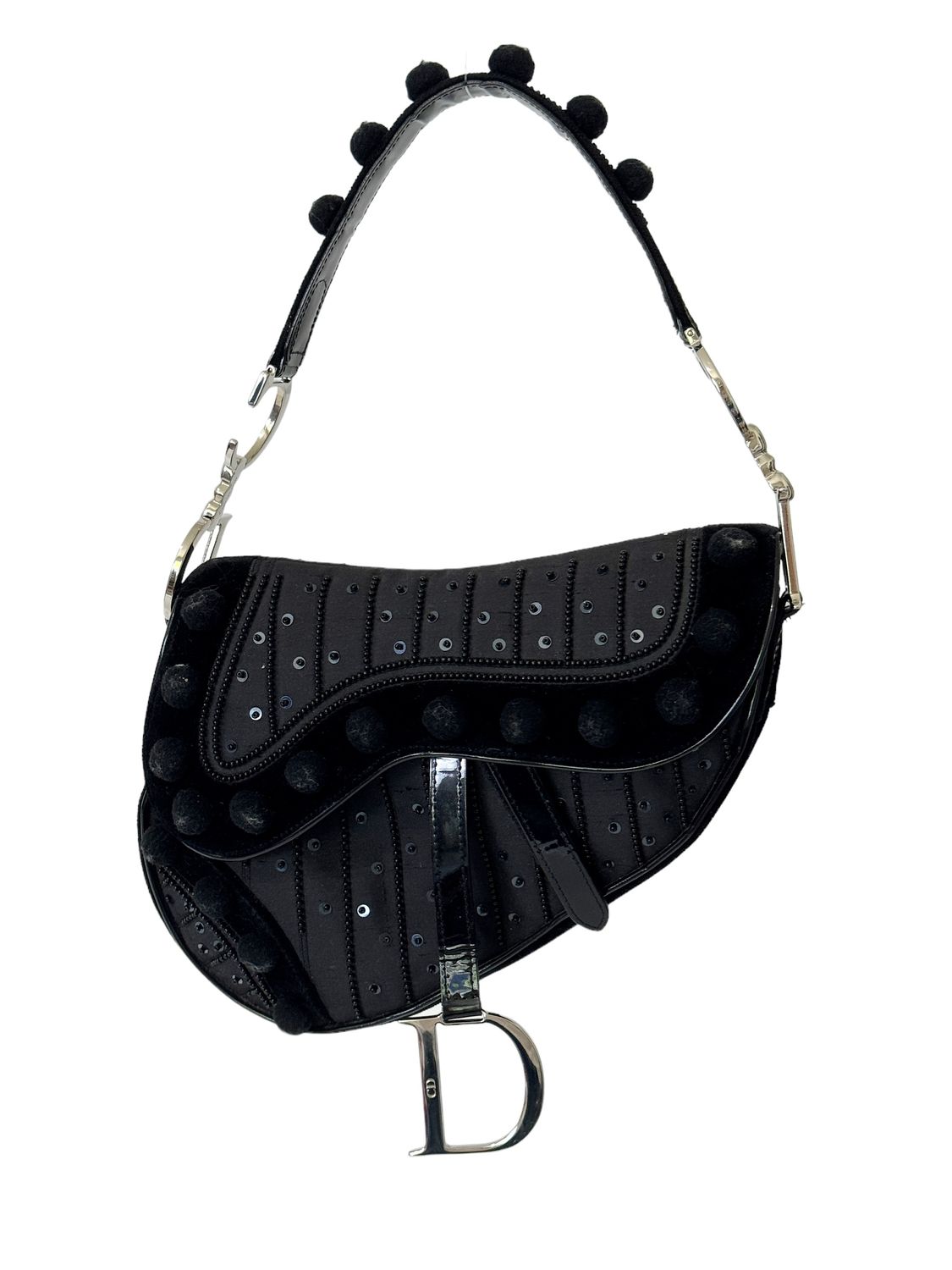 CHRISTIAN DIOR VINTAGE BLACK POM POM SADDLE BAG / RARE LIMITED EDITION