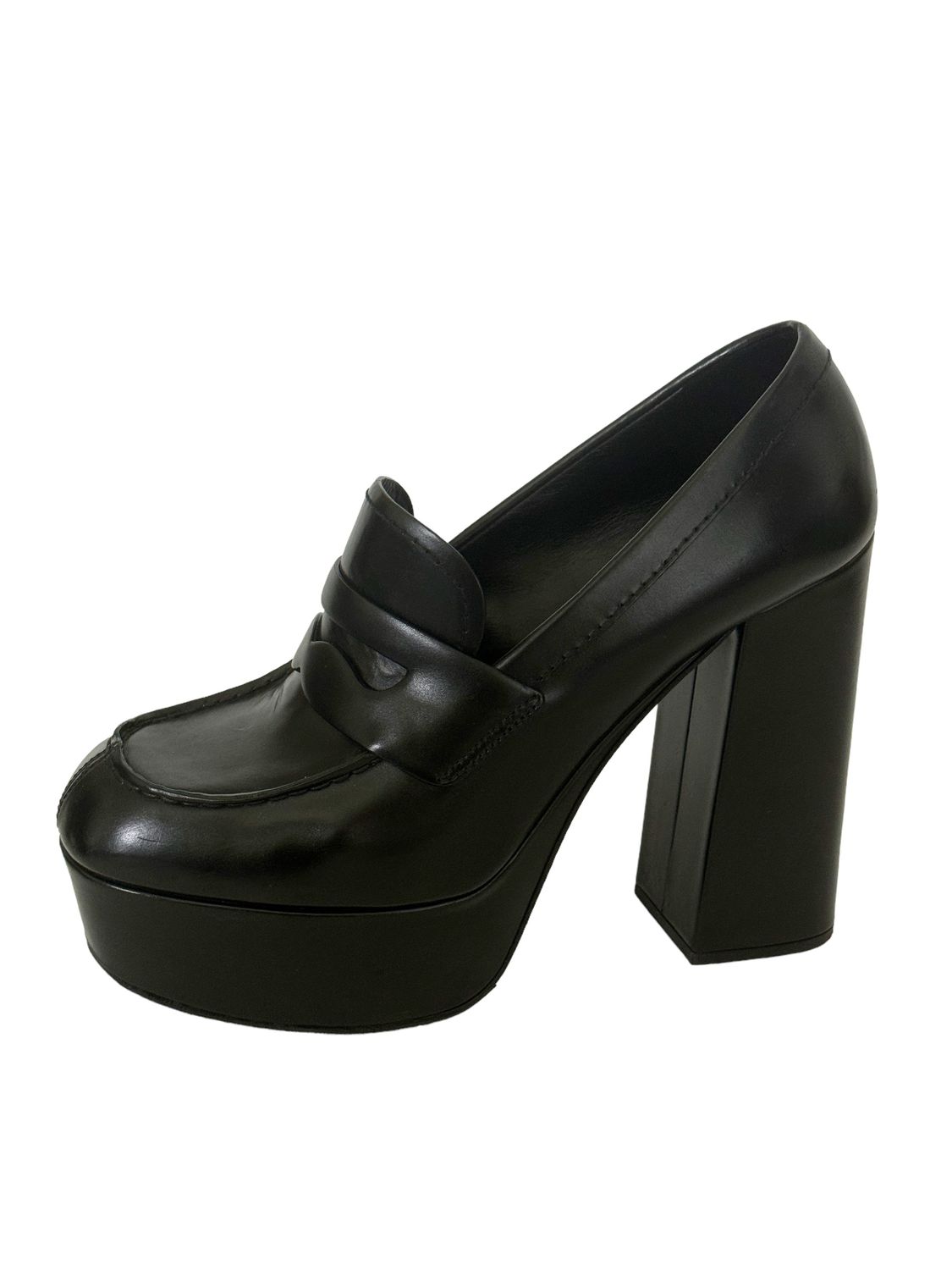 PRADA BLACK LEATHER PLATFORM LOAFER HEELS IT 38.5