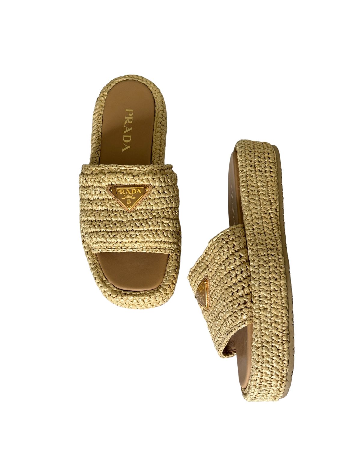 PRADA RAFFIA TRIANGLE LOGO SLIDES IT 38