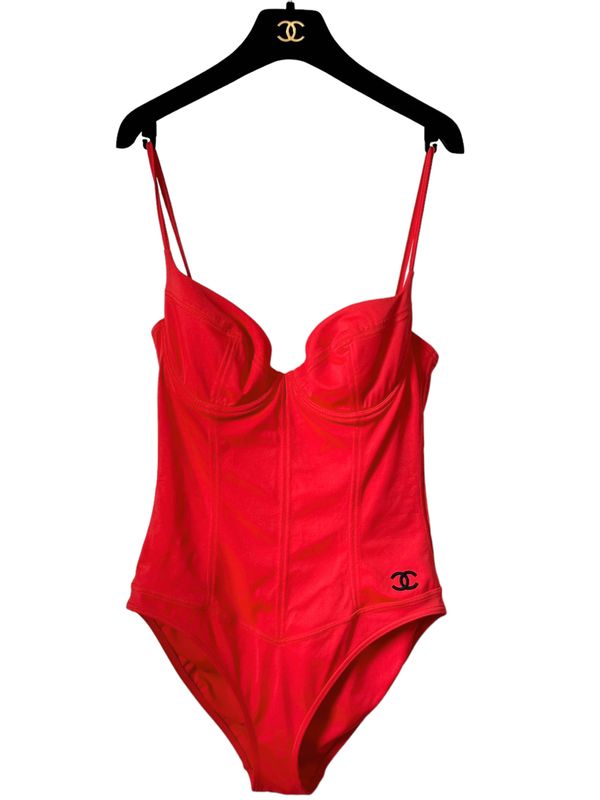 CHANEL VINTAGE 1995 CC LOGO RED ONE PIECE BATHING SUIT SWIMSUIT