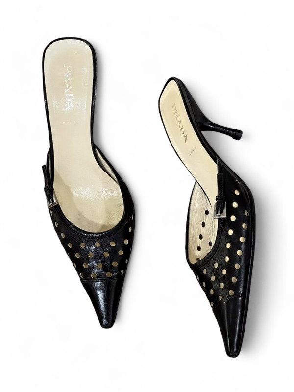 PRADA BLACK PERFORATED LEATHER MULES HEELS IT 37.5