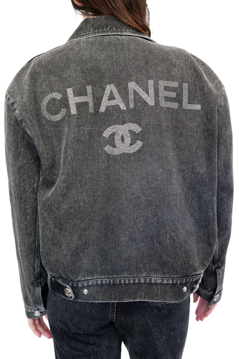 ​CHANEL BLACK DENIM OVERSIZED LOGO JACKET FR 38 / NWT
