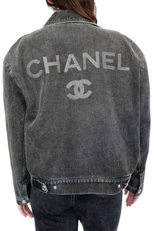 ​CHANEL BLACK DENIM OVERSIZED LOGO JACKET FR 38 / NWT