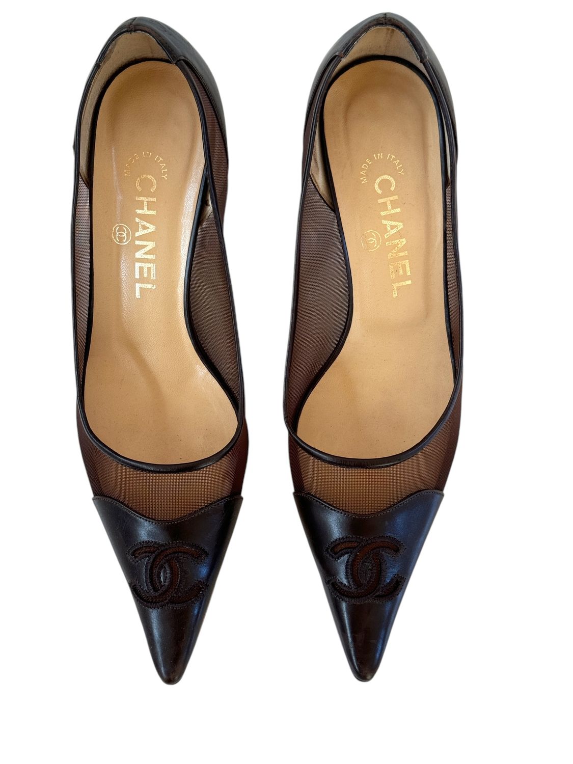 ​CHANEL VINTAGE CC LOGO BROWN MESH AND LEATHER PUMPS HEELS / IT 38.5
