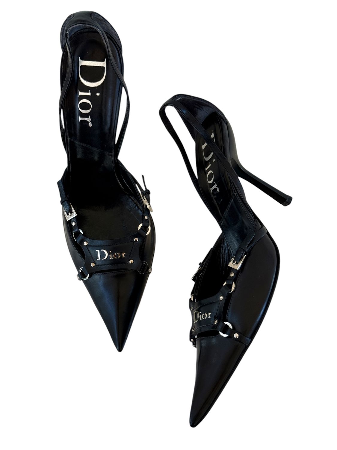 CHRISTIAN DIOR VINTAGE HARNESS LOGO PLATE BLACK HEELS / IT 41