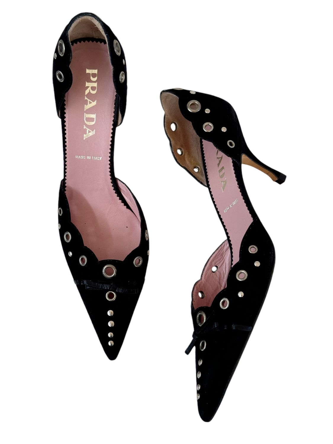 PRADA VINTAGE BLACK SUEDE LEATHER GROMMET HEELS / IT 37.5