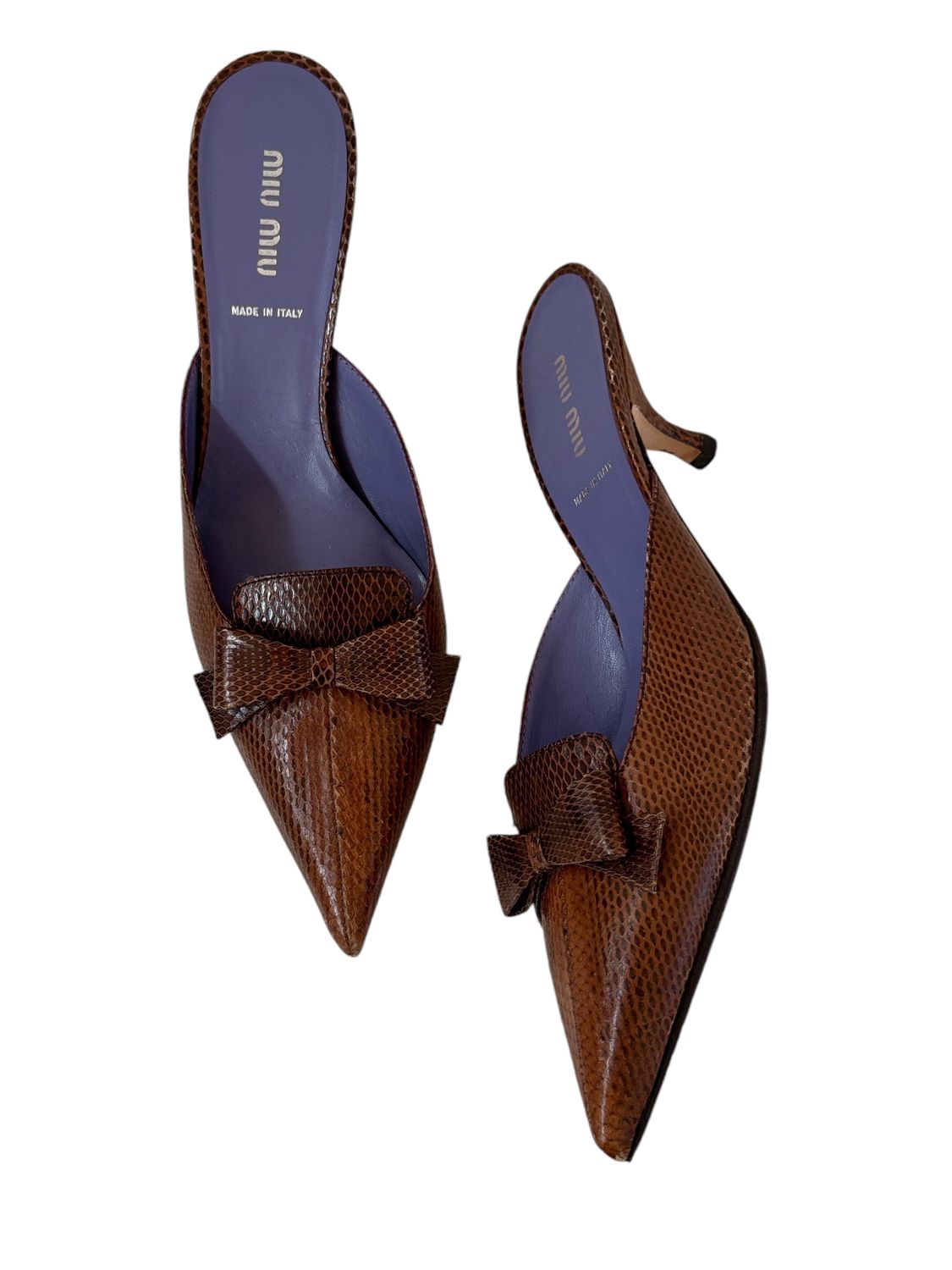 MIU MIU BROWN LIZARD BOW MULES HEELS / IT 39.5