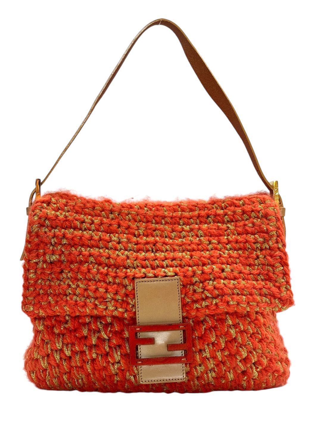 FENDI VINTAGE ORANGE GOLD CROCHET KNIT MAMA BAGUETTE BAG