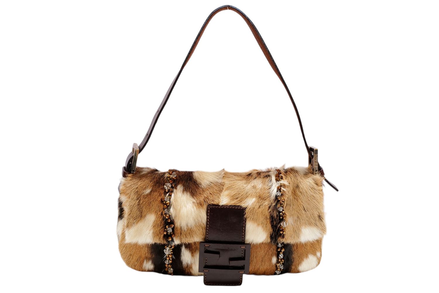 FENDI VINTAGE BROWN FUR AND BEADED BAGUETTE SHOULDER BAG