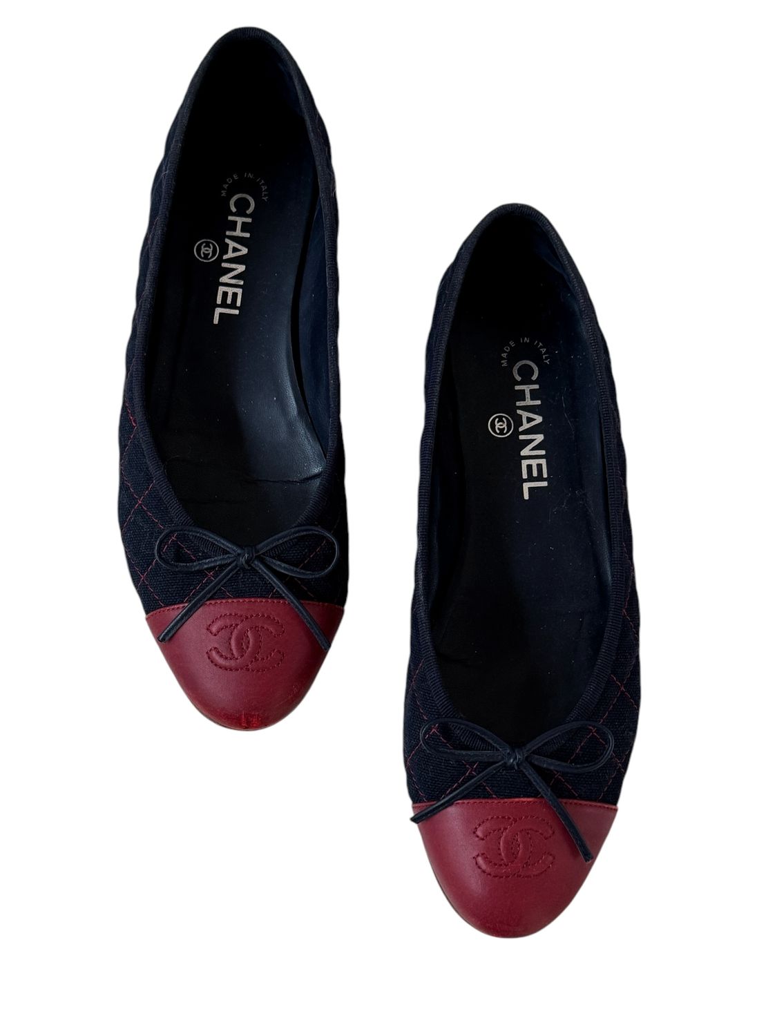 CHANEL CC DENIM AND RED LEATHER BALLET FLATS WITH BOW / IT 39