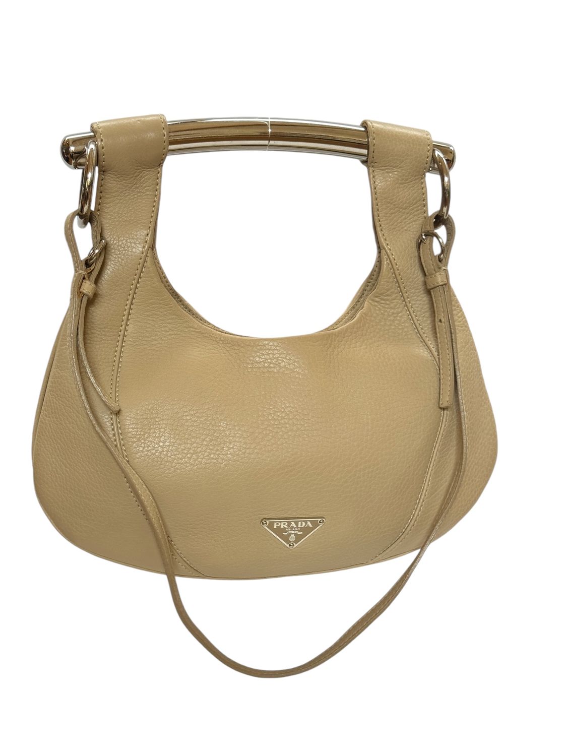 PRADA BEIGE LEATHER METAL HANDLE BAR CROSSBODY BAG