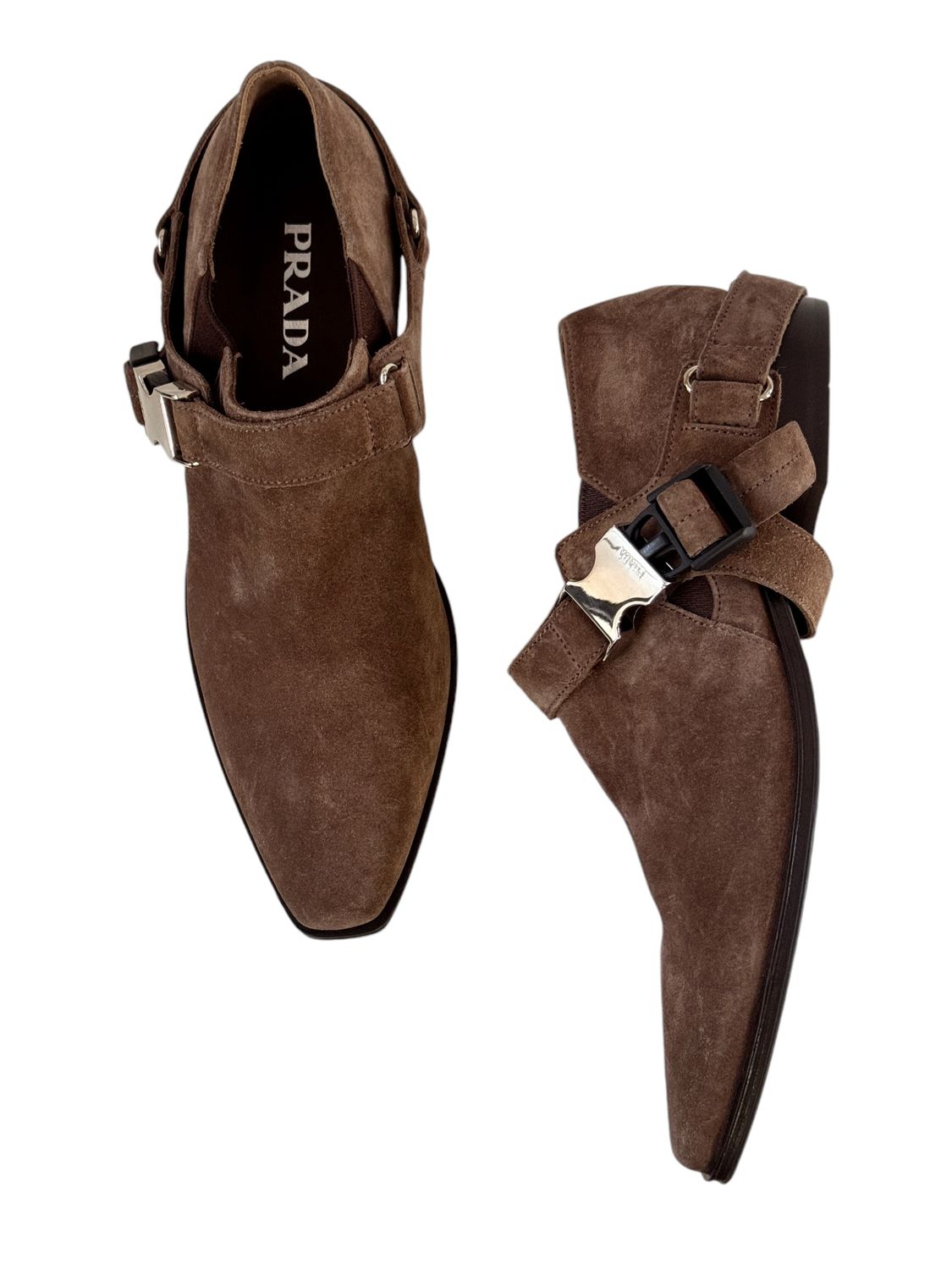 PRADA VINTAGE LOGO BUCKLE HARNESS BROWN SUEDE BOOTS BOOTIES / IT 38