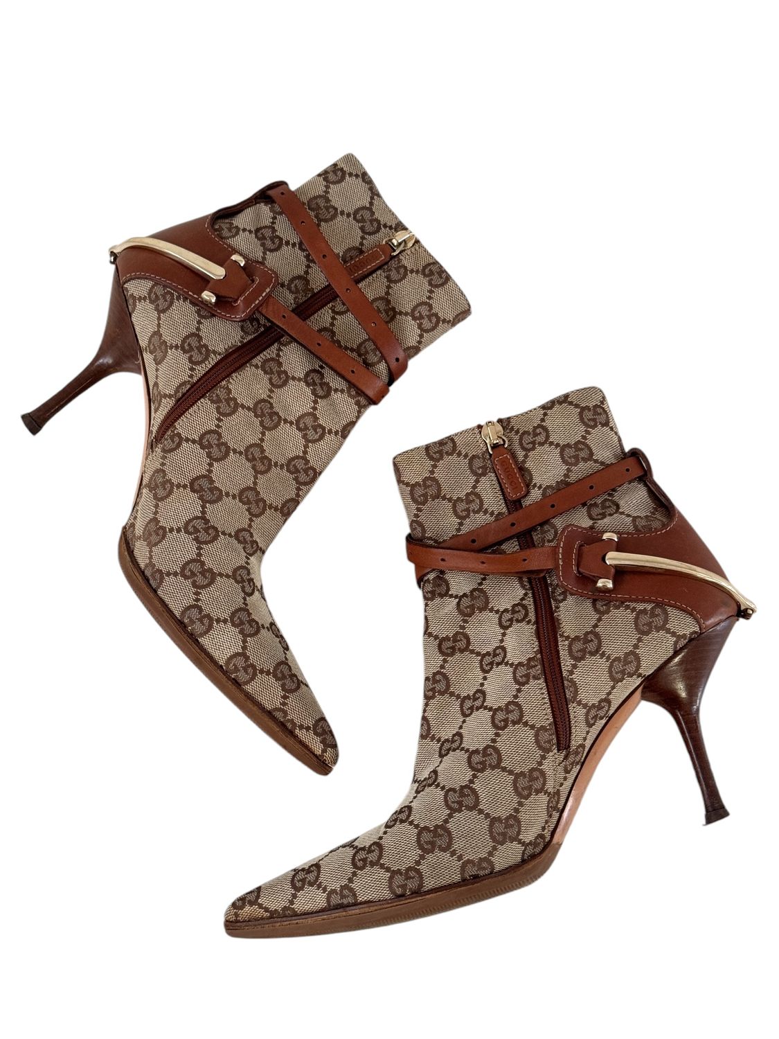 ​GUCCI GG MONOGRAM CANVAS AND LEATHER HORSEBIT BOOTIES BOOTS / US 7.5