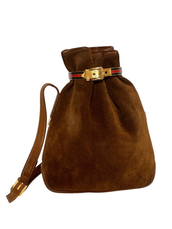 GUCCI VINTAGE BROWN SUEDE ENAMEL BELT BUCKLE DETAIL SHOULDER BAG