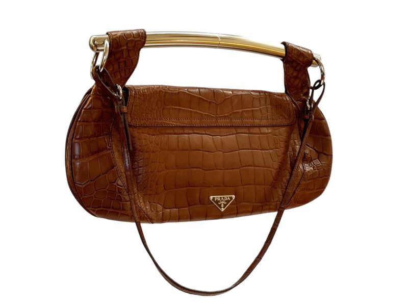 PRADA BROWN CROC LEATHER METAL HANDLE BAR CROSSBODY BAG