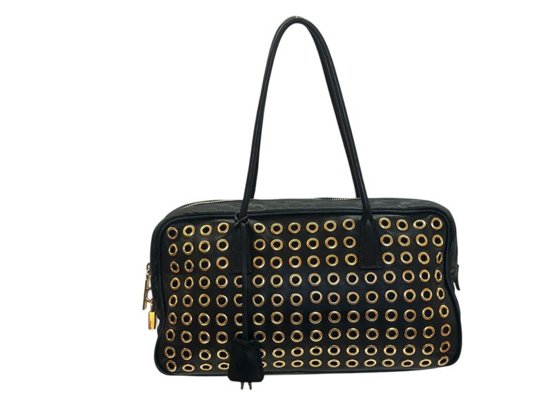 PRADA BLACK LEATHER GROMMET SHOULDER BAG