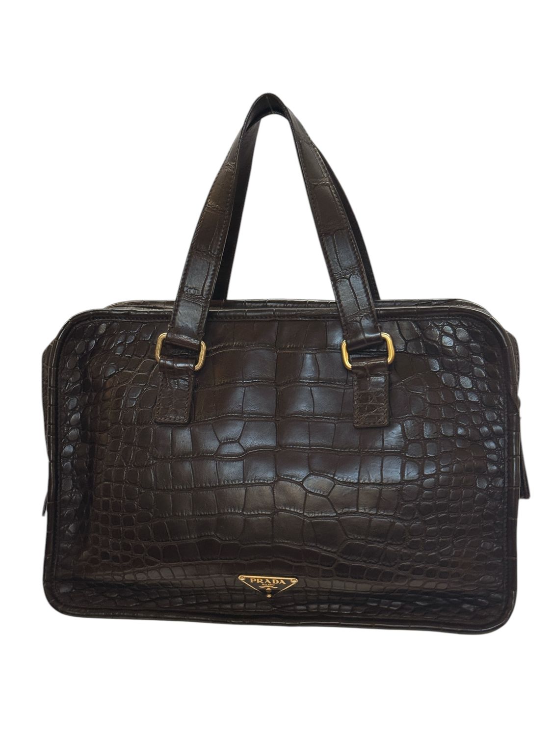 PRADA VINTAGE DARK BROWN CROC EMBOSSED LEATHER TOP HANDLE BAG