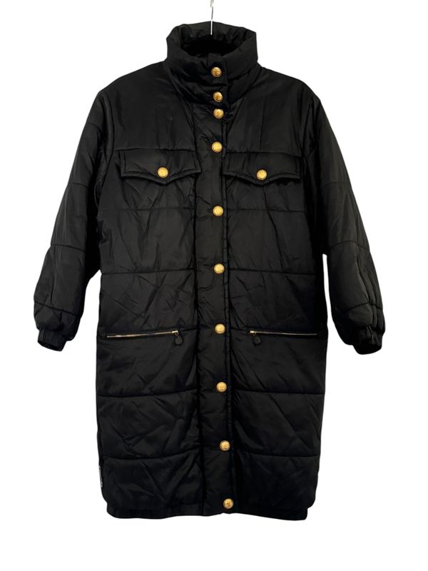 CHANEL VINTAGE RARE 96 BLACK SILK LOGO RIBBON DOWN PUFFER COAT