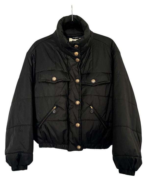 CHANEL CC LOGO BLACK QUILTED SILK LOGO RIBBON PUFFER SKI WINTER COAT JACKET