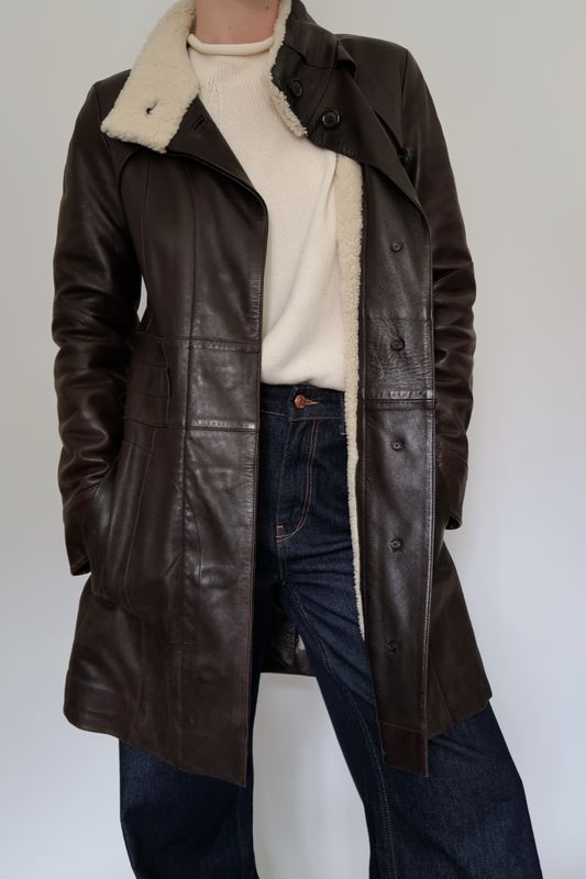 LOUIS VUITTON VINTAGE SHEARLING DARK BROWN LEATHER JACKET COAT