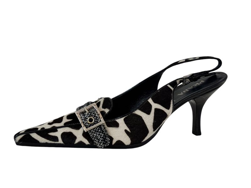 PRADA ANIMAL PRINT PONY HAIR LEATHER MULES HEELS / IT 40.5