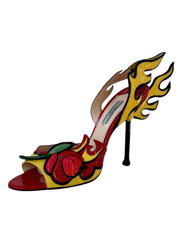 PRADA RED YELLOW PATENT LEATHER FLAMES ROSE HEELS / IT 40