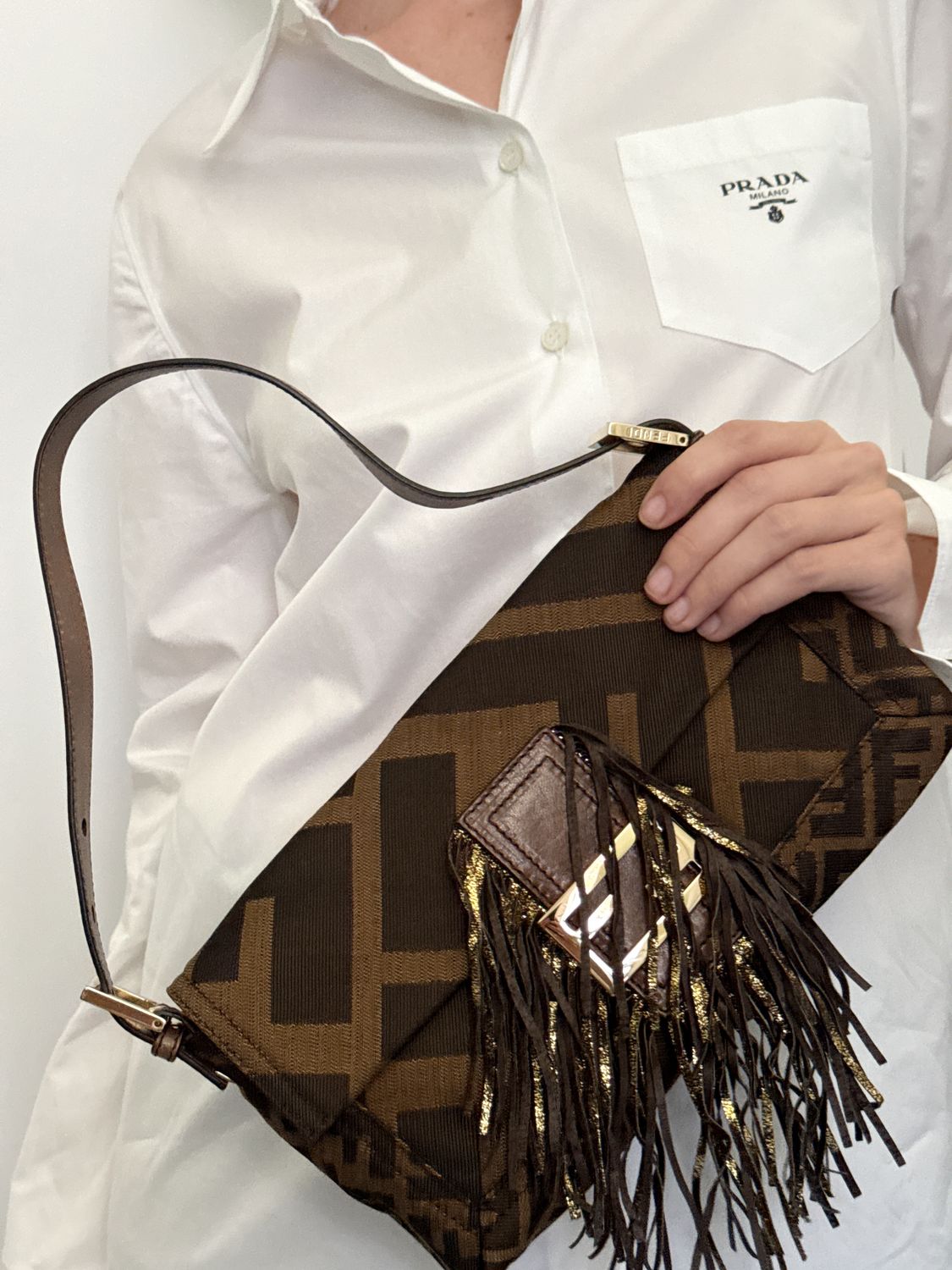 FENDI VINTAGE FF ZUCCA FRINGE BAGUETTE SHOULDER BAG