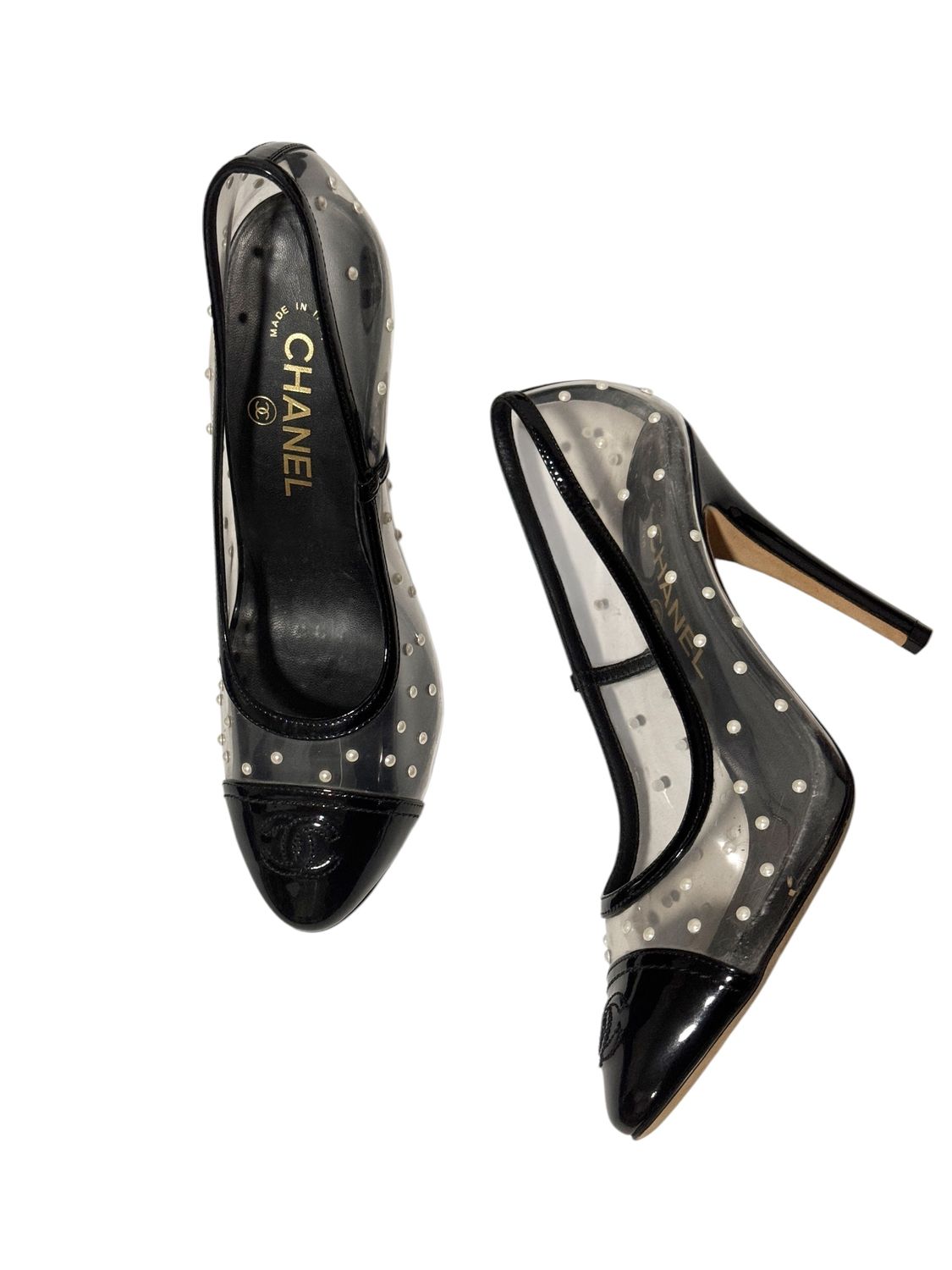 CHANEL CC BLACK CAP TOE PEARL DETAIL HEELS  IT 38