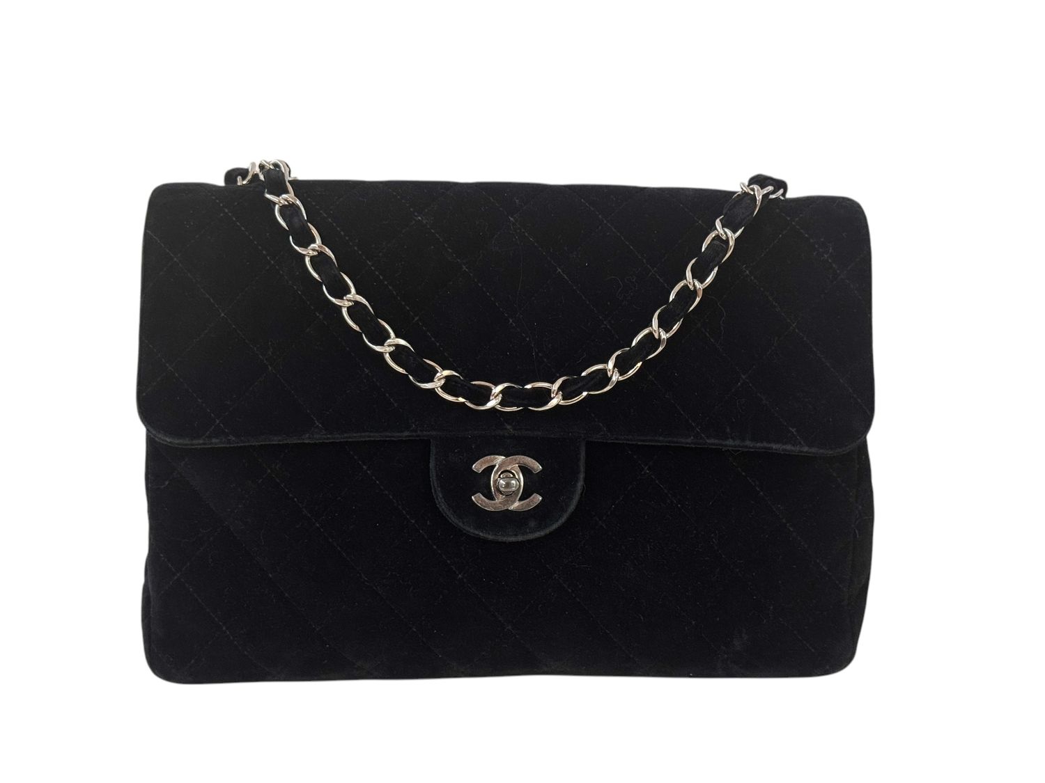 CHANEL VINTAGE BLACK QUILTED VELVET LARGE MAXI JUMBO FLAP SHOULDER BAG
