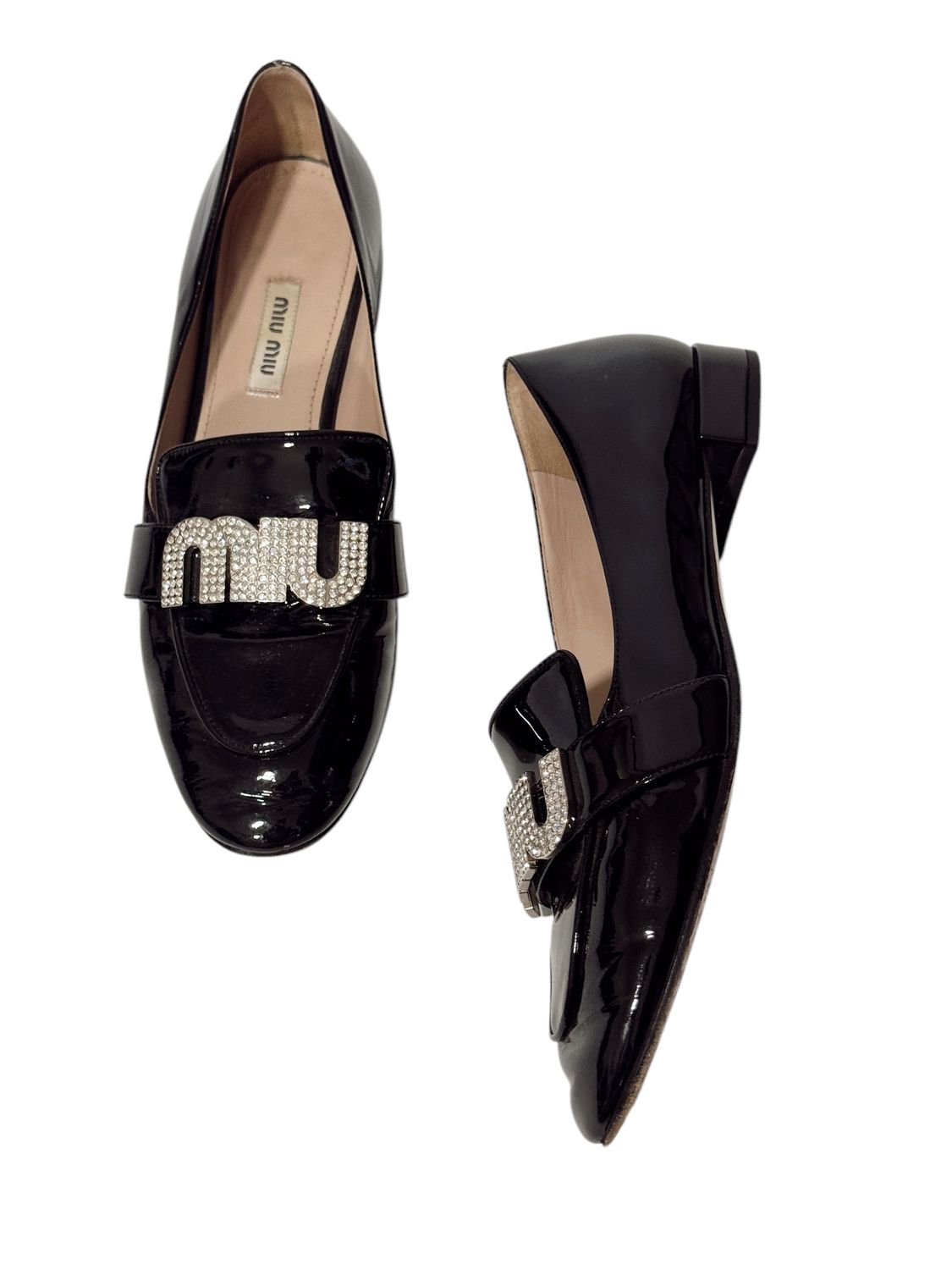 MIU MIU BLACK PATENT LEATHER RHINESTONE LOGO LOAFERS / IT 37.5