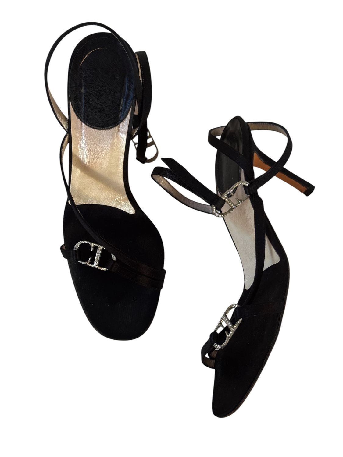 CHRISTIAN DIOR CD LOGO BLACK SATIN AND RHINESTONE HEELS / IT 36.5