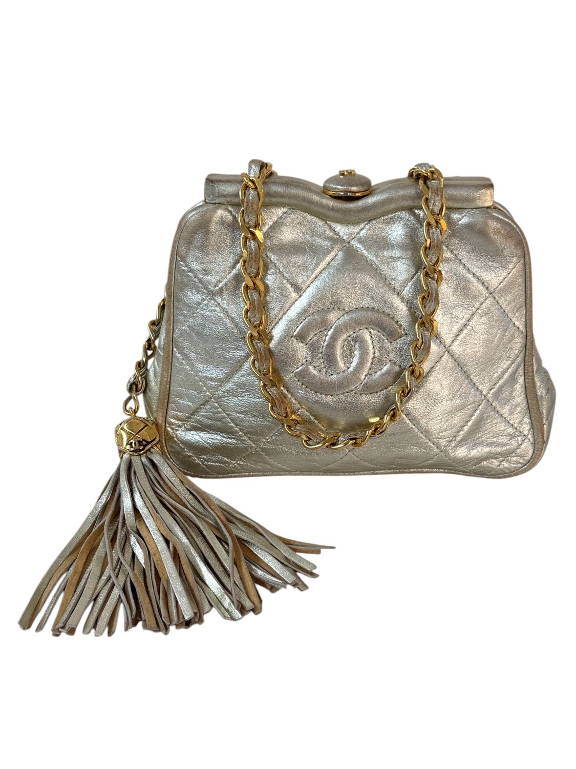 CHANEL VINTAGE 1989 - 1991 CC QUILTED GOLD / SILVER LEATHER MINI WAIST BAG CHAIN BELT