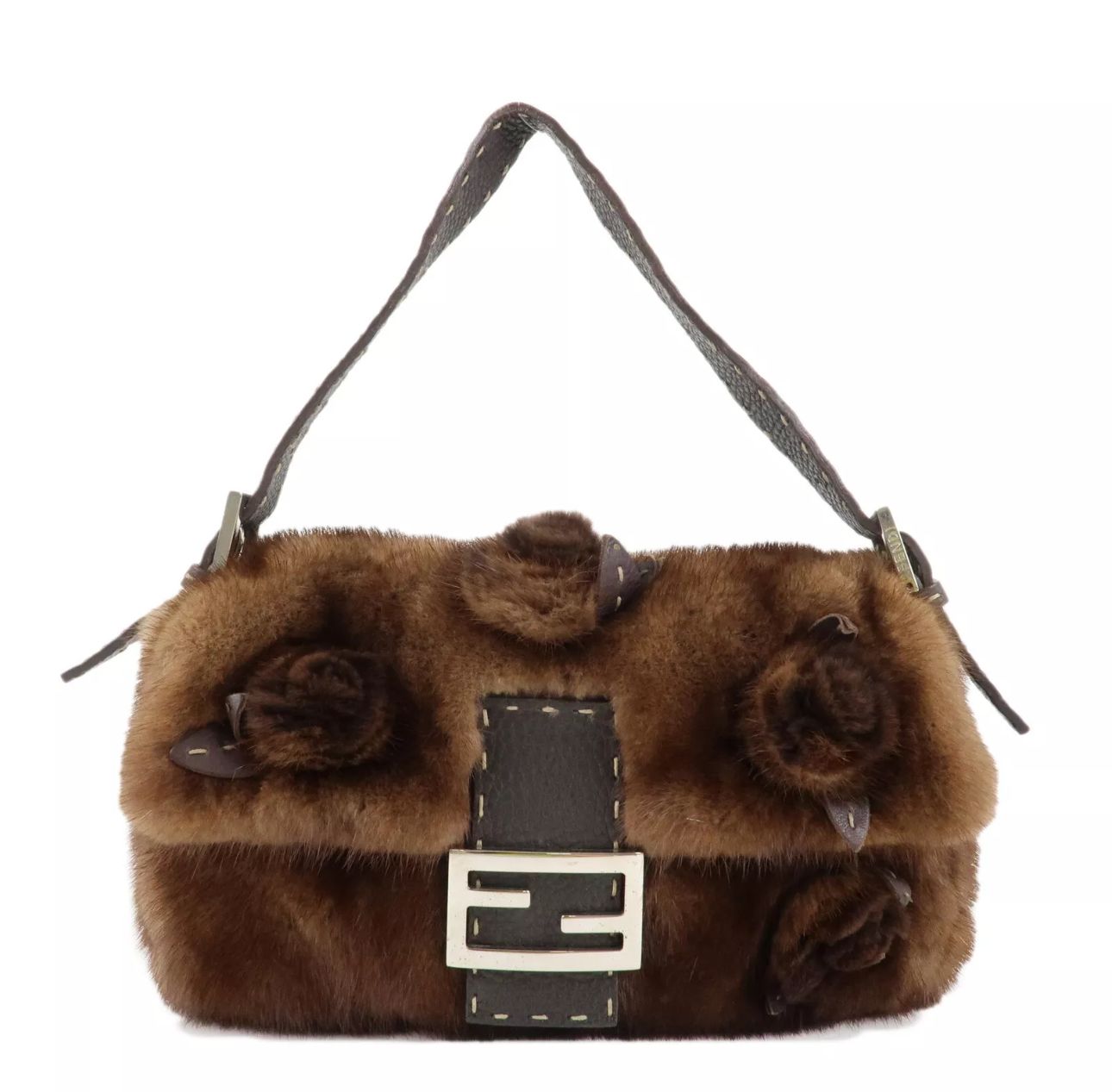 FENDI VINTAGE BROWN MINK FUR BAGUETTE SHOULDER BAG