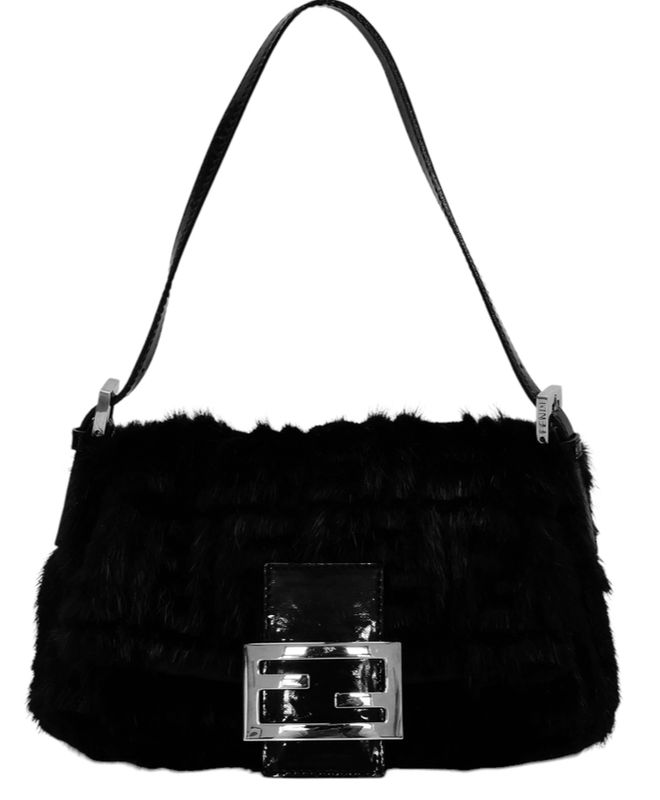 FENDI VINTAGE FF ZUCCA PRINT BLACK MINK FUR MINI BAGUETTE SHOULDER BAG