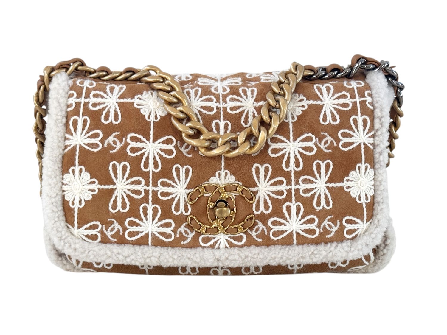 CHANEL 19 MEDIUM CC SHEARLING EMBROIDERED SUEDE LEATHER FLAP SHOULDER BAG