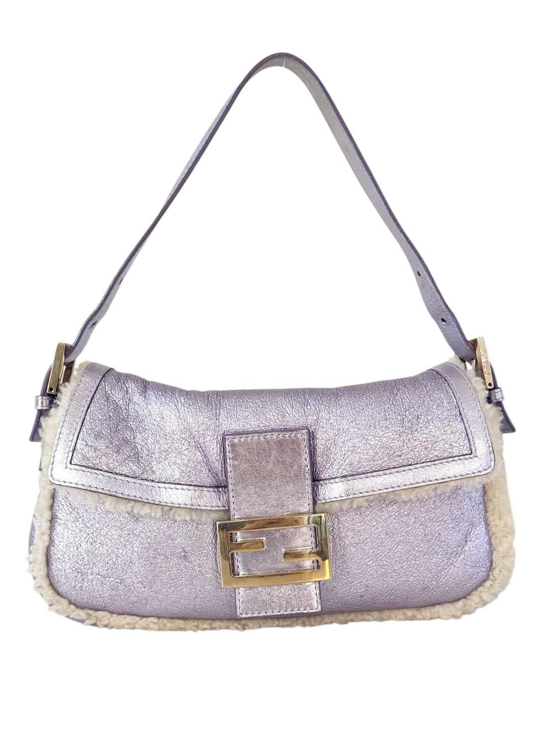 FENDI VINTAGE PURPLE METALLIC SHEARLING BAGUETTE SHOULDER BAG