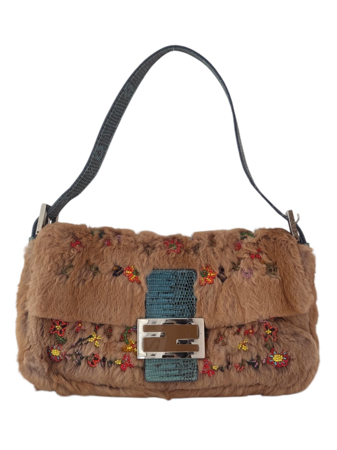 FENDI VINTAGE FUR WITH BEADED DETAIL AND LIZARD TRIM BAGUETTE SHOULDER BAG