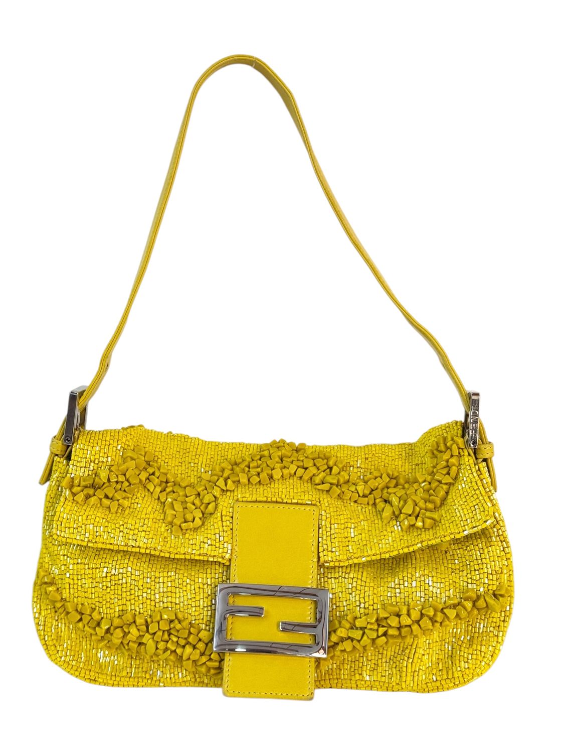 FENDI VINTAGE YELLOW BEADED BAGUETTE WITH LEATHER TRIM SHOULDER BAG