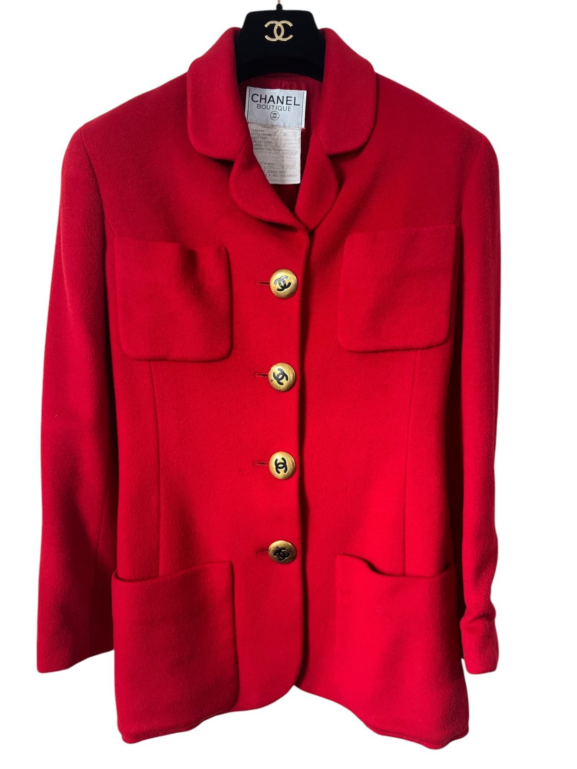 CHANEL VINTAGE RED CASHMERE BLAZER WITH CC BUTTONS FR 36