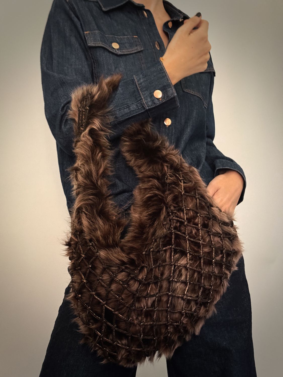 BOTTEGA VENETA VINTAGE BROWN FUR WITH BRAIDED DETAIL HOBO SHOULDER BAG WITH POUCH