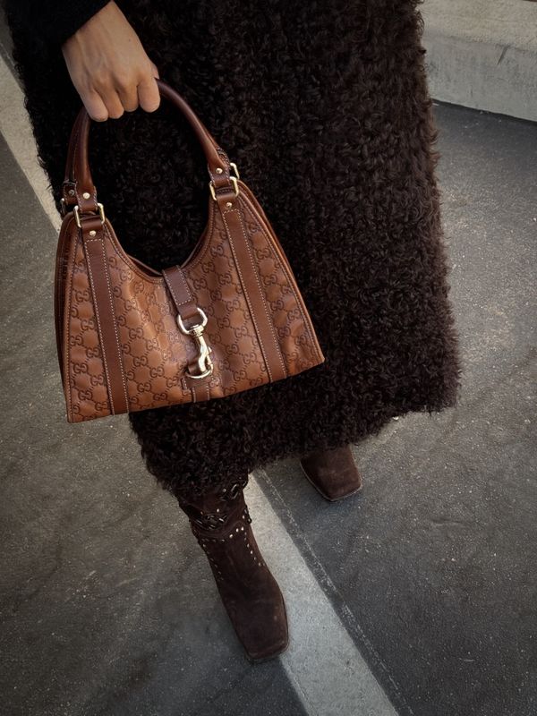 GUCCI VINTAGE GG MONOGRAM BROWN LEATHER TOP HANDLE JACKIE BAG