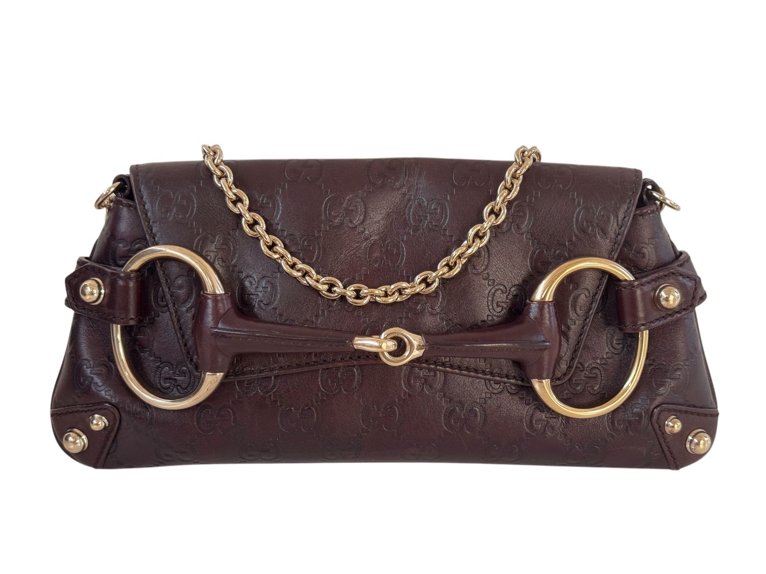GUCCI VINTAGE BROWN GG MONOGRAM LEATHER HORSEBIT BAG W STUDS